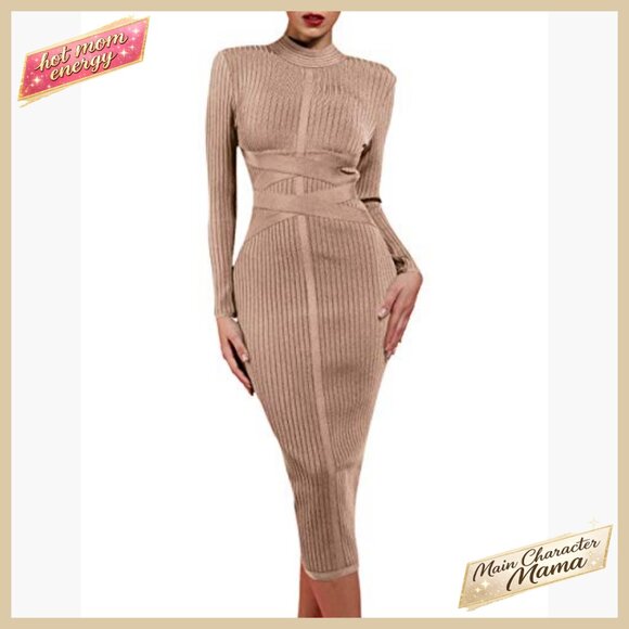 Cross Strap Ribbed Bandage Bodycon Midi Dress Long Sleeve Fall Party Wear - Picture 2 of 6